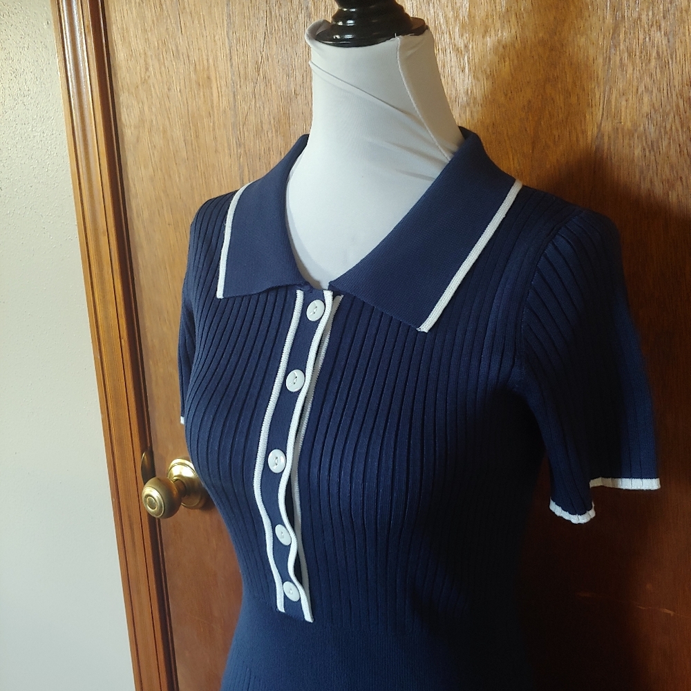 NWT Mitilly Navy Blue White Polo V Button Up Short Sleeve Sweater Midi Dress M - Picture 4 of 9
